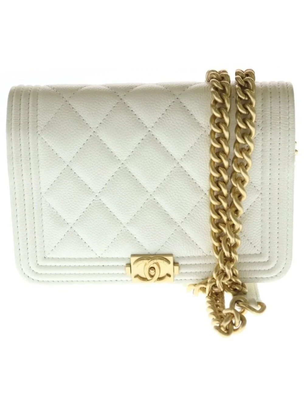 Chanel Boy 15.5 Mini Chain Shoulder Bag Wallet White Caviar Leather Gold